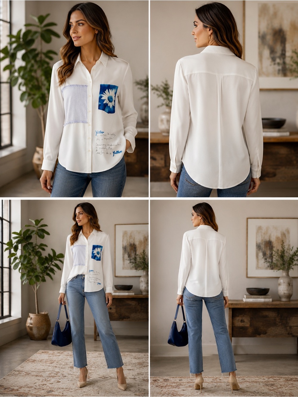 Desigual White Artistic Patchwork Button Front Blouse Graphic Floral Shirt | M